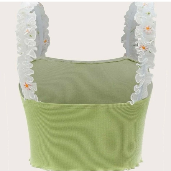 SHEIN MOD Floral Embroidery Ruched Crop Top Size Medium Green Lace Overlay - Picture 2 of 11